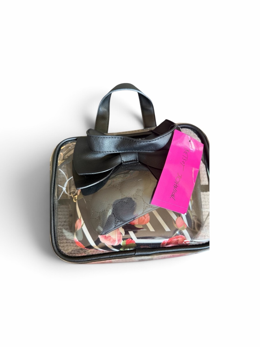 Betsey Johnson Black Bow Clear Cosmetic Case with Floral Pouch